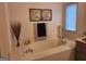 Relaxing tub with tiled surround, ambient decor and natural light at 522 Blue Mountain Rise, Canton, GA 30114