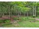 Landscaped backyard with a bridge and firepit, backing onto a peaceful wooded area at 52 Cherub Ln, Sharpsburg, GA 30277