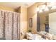 Cozy bathroom with vanity, mirror, and a shower with tan and brown curtain at 53 Denny Ln, Dallas, GA 30157