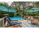 Inviting backyard pool with lounge chairs, table, and umbrellas on wooden deck surrounded by lush landscaping at 53 Denny Ln, Dallas, GA 30157
