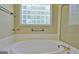 Bathroom featuring a large soaking tub with glass block window and glass enclosed shower at 1709 Reese Rd, Sharpsburg, GA 30277