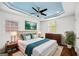 Cozy main bedroom with a blue ceiling, ceiling fan, two windows, and modern decor at 1675 Brewer Sw Blvd, Atlanta, GA 30310