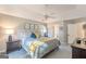 This bedroom offers a ceiling fan, a large window with natural light and neutral walls and soft, clean carpet at 214 Palette Ln, Peachtree City, GA 30269