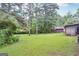 Expansive backyard with lush green lawn and mature trees providing ample shade at 5618 Shadow Rock Dr, Lithonia, GA 30058