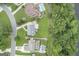 Aerial view of lush green backyard with swimming pool and houses bordering the river at 107 Edgewater Way, Peachtree City, GA 30269