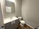Cozy half bathroom with modern fixtures, a neutral color scheme, and wood look flooring at 248 Webster Lake Dr, Temple, GA 30179