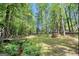 Expansive backyard with lush trees, a wooden bridge over a stream, and ample space for outdoor activities at 4352 Treeline Way, Douglasville, GA 30135