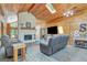 This charming living room offers wood paneled walls, stone fireplace, and comfortable seating at 351 Weldon Rd, Palmetto, GA 30268