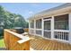 View of the wooden back deck leading to the screened in porch at 106 Big Cotton Trl, Mcdonough, GA 30252