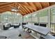 Relaxing sunroom features vaulted wood ceilings, screened windows, and a comfortable seating and dining area at 106 Big Cotton Trl, Mcdonough, GA 30252