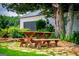 Outdoor dining area with a picnic table next to detached garage at 1074 Glenloch Rd, Roopville, GA 30170