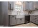 Charming kitchen features gray cabinets, stainless steel appliances, and a farmhouse sink under a window at 1074 Glenloch Rd, Roopville, GA 30170