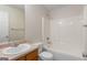 Bathroom featuring a single sink vanity and tub with shower at 120 Bramble Bush Trl, Covington, GA 30014