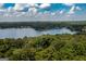 Panoramic aerial view showcases a vast lake surrounded by lush forests under a partly cloudy sky at 148 Lakeside Dr, Peachtree City, GA 30269