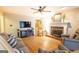 Cozy living room featuring hardwood floors, a decorative fireplace, comfortable seating, and modern lighting at 148 Lakeside Dr, Peachtree City, GA 30269