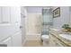 Bathroom featuring granite counters, bathtub/shower, and neutral colors at 345 Summer Pl, Peachtree City, GA 30269