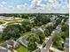 Aerial view captures a neighborhood featuring a street with tree-lined sidewalks and residences with manicured yards at 1735 Deer Crossing Cir, Jonesboro, GA 30236