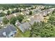 Aerial view showcases a residential street with tree-lined sidewalks and lush greenery surrounding each home at 1735 Deer Crossing Cir, Jonesboro, GA 30236