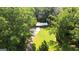 An aerial view surrounded by trees showcasing the home with green lawn and driveway at 1833 S Highway 92, Fayetteville, GA 30215