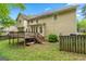 Spacious backyard featuring a raised wooden deck, fenced perimeter, and lush greenery at 10044 Point View Dr, Jonesboro, GA 30238