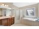 Bathroom featuring a separate shower, standalone tub, and double vanity at 9 Warrior Way, Sharpsburg, GA 30277