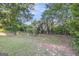Backyard with a grassy area, mature trees, and overgrown shrubs at 286 Prominent Loop, Mcdonough, GA 30253