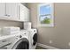 Bright laundry room with white cabinets, front loading washer and dryer, and natural light at 195 Berry Hill Ln, Tyrone, GA 30290