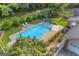 Aerial view of a private backyard oasis, featuring a sparkling pool, lounge area, and beautifully landscaped yard at 603 Lakewood Dr, Social Circle, GA 30025