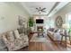 Comfortable living room with fireplace, large windows, hardwood floors and fan at 130 Bexar Ct, Johns Creek, GA 30022