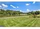 Scenic backyard view with a lake, lush trees, and a well-maintained green lawn at 316 Kensington Dr, Peachtree City, GA 30269