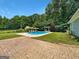Backyard pool area with brick patio, in-ground pool, lounge chairs, and lush greenery at 10215 Creel Rd, Chattahoochee Hills, GA 30213