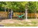 Relaxing hammock tied between trees in a private backyard with a privacy fence at 27 Riverview, Euharlee, GA 30145