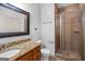 Bathroom featuring a tiled shower, granite countertops, and a framed mirror at 230 Hummingbird Ct, Hampton, GA 30228