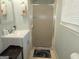 Bathroom view showcases a sink, shower with glass door, and neutral-toned walls at 439 River Rd, Jonesboro, GA 30236
