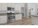 Modern kitchen with stainless steel appliances, white cabinets, and a view into an adjacent bathroom with a vanity at 416 River Forest Dr, Mcdonough, GA 30252