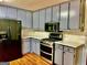Stylish kitchen features stainless steel appliances, gray cabinetry and a beautiful stone backsplash at 398 Mckenzie Dr, Stockbridge, GA 30281