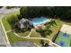 Birds eye view of the community clubhouse, swimming pool, splash pad, and basketball court at 416 Fairway Dr, Acworth, GA 30101