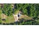 Aerial shot of a modern home with a pool nestled among dense trees and a winding driveway at 540 Benton Rd, Covington, GA 30014