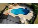 Aerial view of backyard pool oasis featuring an outdoor kitchen and mature trees at 540 Benton Rd, Covington, GA 30014