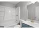 Bright bathroom featuring a tub and shower combo, modern vanity, and neutral color palette at 1783 Cheyenne Trl, Jonesboro, GA 30236
