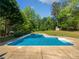 Backyard pool with concrete surround and a beautiful wooded backdrop offers a private and refreshing retreat at 165 Zelkova Dr, Fayetteville, GA 30215