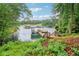 Waterfront property featuring a private dock with a covered boat slip, providing direct access to the tranquil lake at 6219 Woodlake Dr, Buford, GA 30518