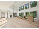 Expansive living room with soaring ceilings, fireplace and wall to wall windows overlooking the yard at 825 Kenry Ct, Atlanta, GA 30342