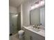 Bathroom showcasing modern vanity with white countertop and sleek fixtures, plus glass-enclosed shower at 505 Godfrey Dr, Cumming, GA 30040