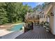 Beautiful backyard with a pool, spa, and a spacious wood deck perfect for outdoor entertaining and relaxation at 2010 Stonehedge Rd, Roswell, GA 30075