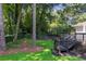 Scenic view of a well-manicured lawn and mature trees in the backyard with a gray wooden deck at 2121 Arlington Ne Ave, Atlanta, GA 30324