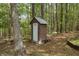 Rustic outhouse nestled in the woods, adding a touch of vintage charm to the property at 3208 Paddock Rd, Covington, GA 30014