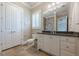 Bathroom with single vanity, granite countertop and shower/tub combo at 3133 Saint Ives Country Club Pkwy, Johns Creek, GA 30097