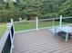 Relaxing outdoor deck with black railing, built-in lighting, and a view of the lush backyard at 4850 Guilford Forest Sw Dr, Atlanta, GA 30331