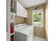 Functional laundry room with washer, dryer, and storage cabinets, lit by window at 4055 Vinings Mill Se Trl, Smyrna, GA 30080